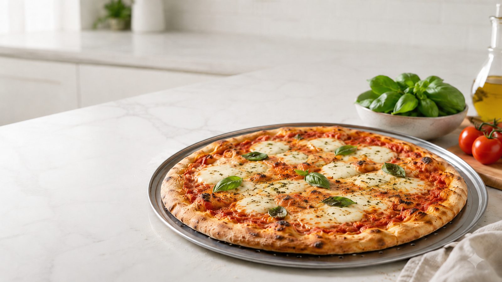 Frisch gebackene Pizza auf einer Aluminium-Backoberfläche